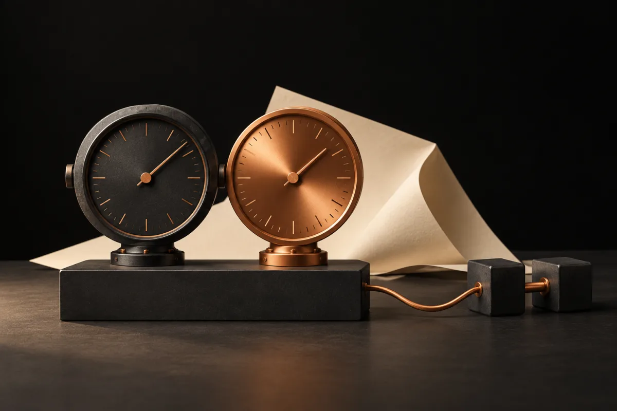Two charcoal and copper measuring dials stand beside blocks joined by a copper cord.